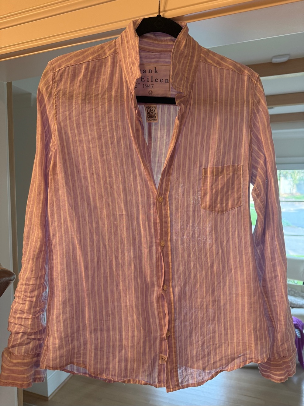 Frank & Eileen Lavender and White Striped Linen Button-Down